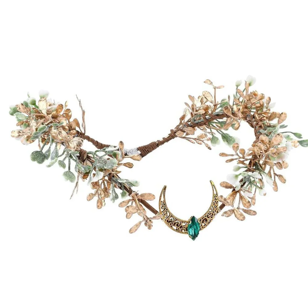 Gold Flower Moon Headpiece Floral Crown Elf Headband Bridal Festival Accessories